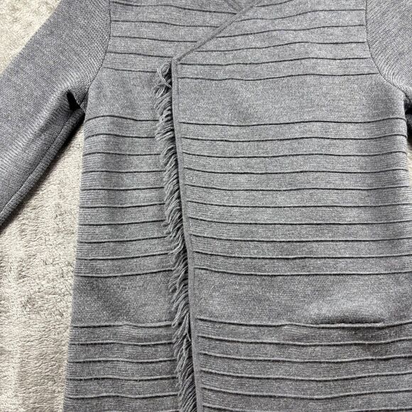 Talbots Sweater Cardigan 100% Merino Wool Open Front Fringe Gray Petite S/M C152 - Picture 3 of 8